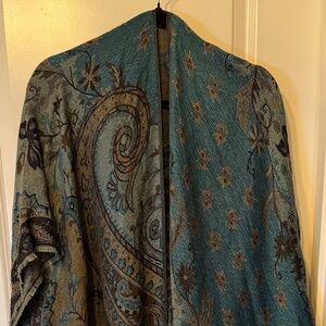 Teal & Brown Paisley Pashmina-Blend Ruana Wrap with Armholes – One Size
